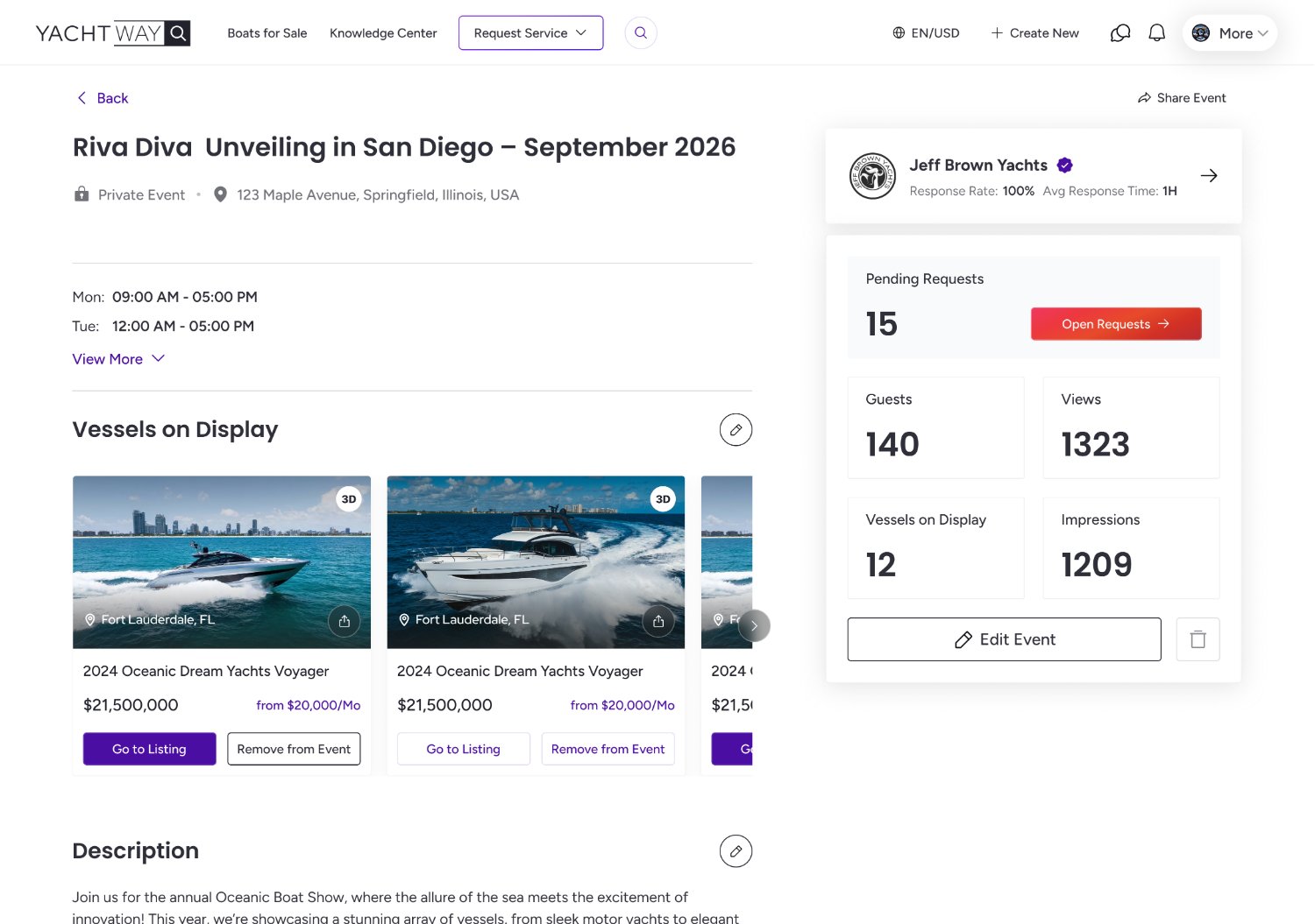Events dashboard with vessels on display, RSVPs and stats
