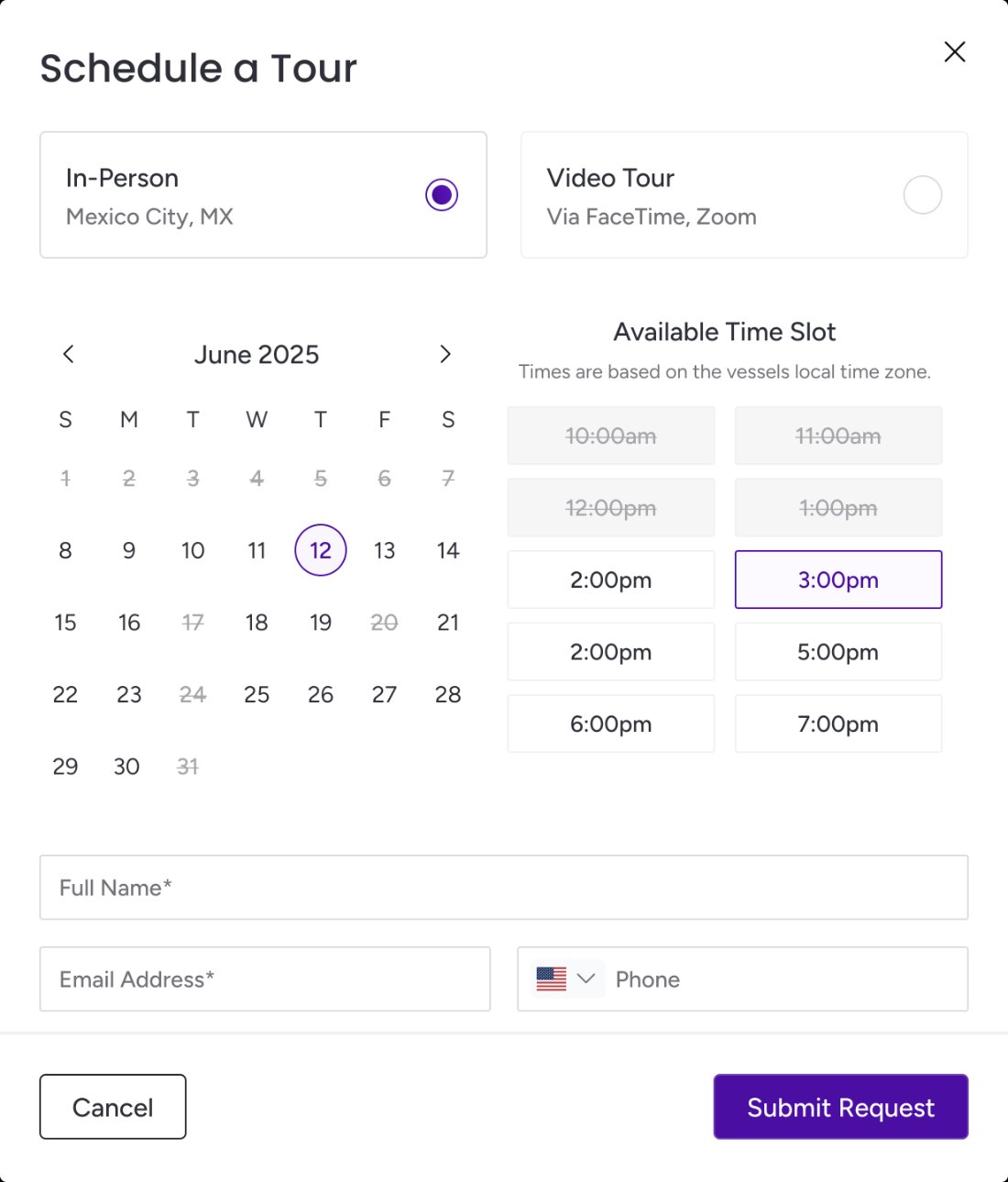 Schedule a tour booking flow
